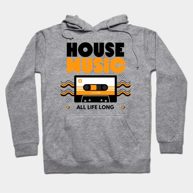 HOUSE MUSIC  - Cassette (Orange/Black) Hoodie by DISCOTHREADZ 